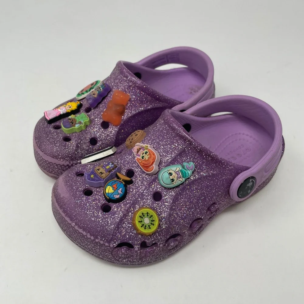 Crocs Classic Clog Purple Glitter Sparkle Kids C9 Charms Jibbitz Fairy Mermaid